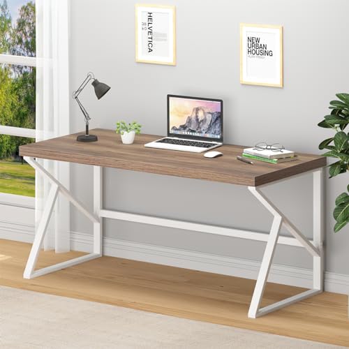 HSH Farmhouse Computer Desk, Large Home Office PC Desk, Modern Simple Metal Wood Desk Workstation for Executive Writing Study, Rustic Long Bedroom Living Room Table, White and Rustic Oak, 60 Inch - color: White and Rustic Oak, size: 60 Inch