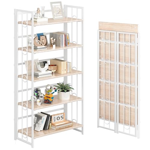 4NM No Assembly 5 Tiers Folding Bookshelf, 59.4" H Foldable Storage Shelves Vintage Bookcase Standing Racks Study Organizer Home Office - Natural White - color: Natural White, size: 5-Tier