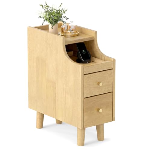KOMFOTT Narrow Nightstand with Drawers, Solid Wood Bedside Table with Pull-Out Tray & 2 Storage Drawers, Slim Sofa End Table with Cable Management for Small Spaces, Bedroom (Natural,8" x 16" x 20",1) - color: Natural, size: 8" x 16" x 20"
