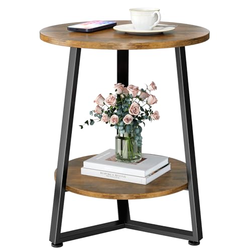 Round Side Table, 2-Tier Small End Table with Storage Shelf, Ultra Stable Coffee End Table/Nightstand, Modern Farmhouse Couch Table for Living Room, Bedroom, Bedside Stand or Small Spaces, Brown - color: Brown, size: 1 Pcs