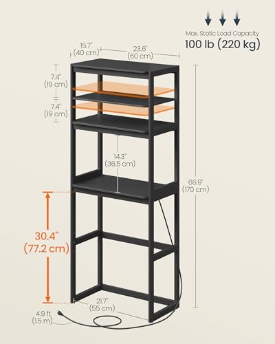 SONGMICS HOME Kitchen Bakers Rack with Power Outlet, 4-Tier Coffee Bar Table with Adjustable Shelf, Mini Fridge Shelf, Microwave Stand, 15.7 x 23.6 x 66.9 Inches, Ink Black UKKS043B01