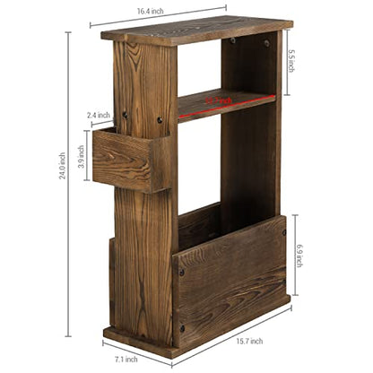 MyGift 24 Inch Tall Rustic Burnt Wood End Table with Remote Control Holder, Storage Shelf, and Magazine Rack, Wooden Narrow Living Room Couch Side Accent Furniture - color: Burnt Wood