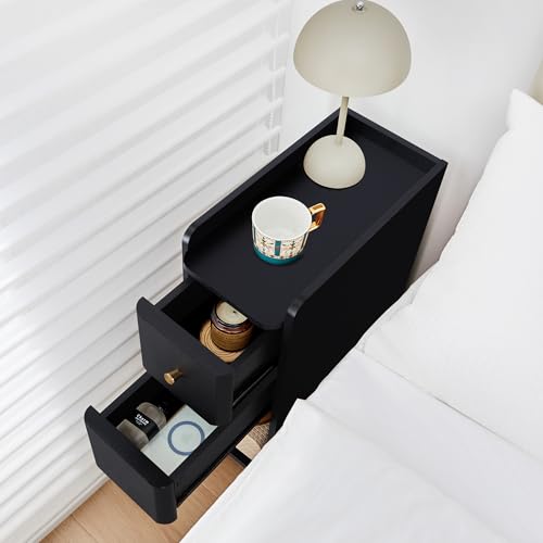 Narrow End Table Bedroom, Wooden Small 2 Drawer Nightstand, Thin Couch Side End Table, Skinny Bedside Table Small Spaces, Mid Century Modern Night Stand with Drawers (Black-1 pc) - color: Black-1 Pc
