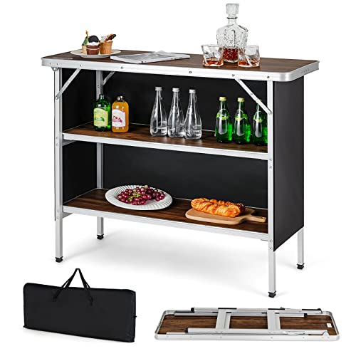 COSTWAY Folding Picnic Table, Portable Camping Table with Carry Bag, Lightweight Aluminum Food Prep Station with 2 Shelves, Quick Set-up, BBQ, Party, Backyard - color: Brown, size: 43.5"W x 34.5"H