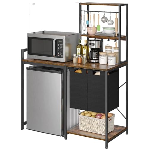 YITAHOME Kitchen Bakers Rack with Storage Shelves, Coffee Bar Table | 4 Tiers ＆ 5 Hooks, 45.3" Large Freestanding Kitchen Shelves, Mini Fridge Cabinet with Storage for Dining Room, Retro Brown - size: 55"×47.2"