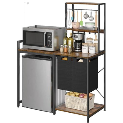 YITAHOME Kitchen Bakers Rack with Storage Shelves, Coffee Bar Table | 4 Tiers ＆ 5 Hooks, 45.3" Large Freestanding Kitchen Shelves, Mini Fridge Cabinet with Storage for Dining Room, Retro Brown - size: 55"×47.2"