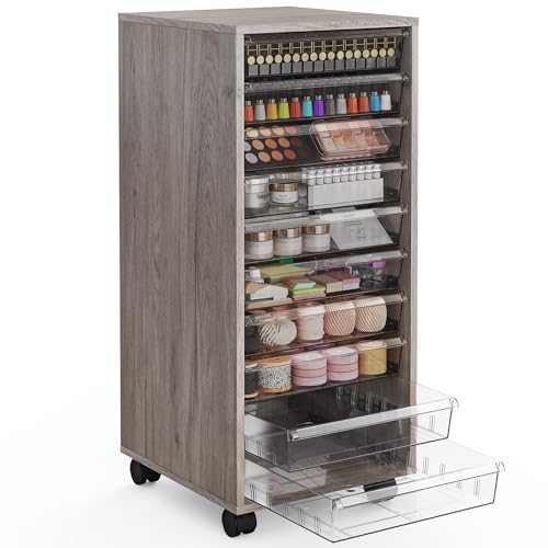 WOPITUES Storage Drawer Cart, Mobile Storage Cabinet, Makeup Storage with 10 Large Clear Drawers, Utility Wooden Rolling Cart on Wheels, for Cosmetic, Art Craft, Office Supplies, Toy, Grey - color: Grey, size: 10M