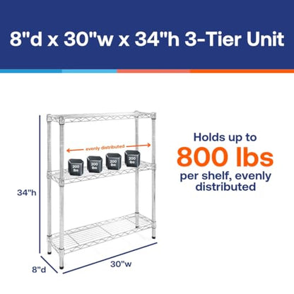 Shelving Inc. 8" d x 30" w x 34" h Chrome Wire Shelving with 3 Tier Shelves, Weight Capacity 800lbs, Evenly Distributed - size: 8" d x 30" w x 34" h