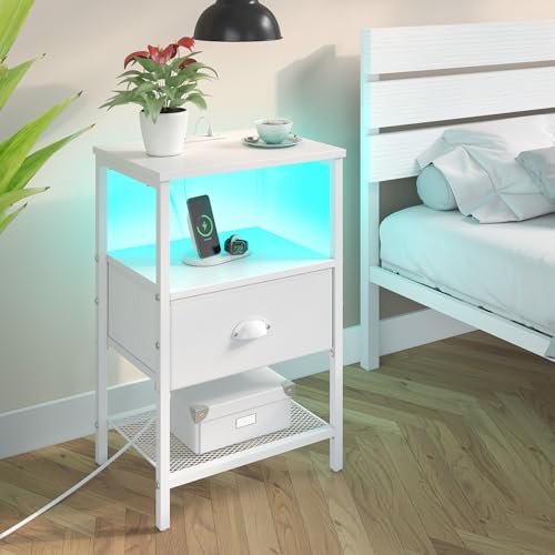 sthmec Nightstands Set of 2, LED Night Stands with Charging Station and Fabric Drawer, Bedside Tables with Drawers, 2- Tier LED Side Table End Table Charging Station Bedroom, White - color: White, style: Power & LED
