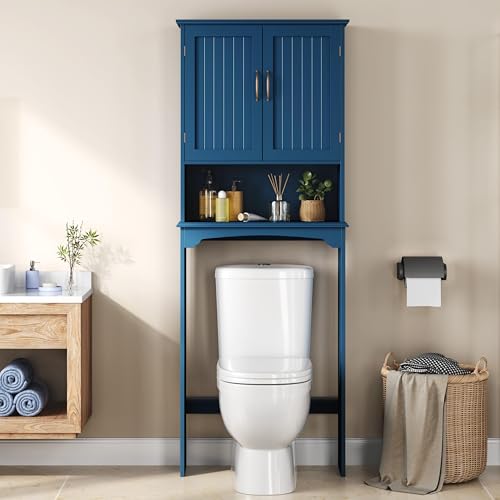 Yaheetech Over The Toilet Storage with 2 Doors & Adjustable Shelf, Free Standing Toilet Rack Wooden Space-Saving Collect Cabinet, Bathroom Furniture, L24.5xW9xH66 in, Navy Blue - color: Navy Blue