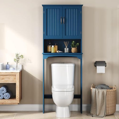 Yaheetech Over The Toilet Storage with 2 Doors & Adjustable Shelf, Free Standing Toilet Rack Wooden Space-Saving Collect Cabinet, Bathroom Furniture, L24.5xW9xH66 in, Navy Blue - color: Navy Blue