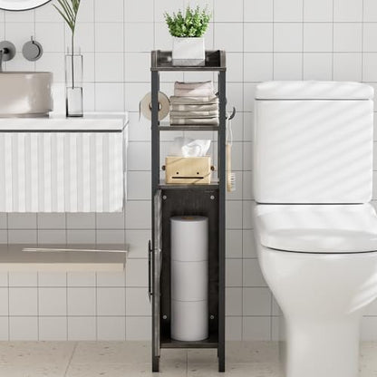 VECELO Small Bathroom Storage Cabinet, Slim Toilet Paper Holder with Shelves & Metal Racks, Organizer Cabinet for Narrow Spaces, Iron Gray, Farmhouse Style