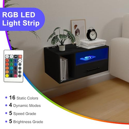 Homaterial Floating Nightstand with Charging Station and LED Lights, Floating Bedside Table with Drawers Wall Mounted Nightstands,for Bedroom Room, 21.3" x 11.8" x 10",Black - color: Black