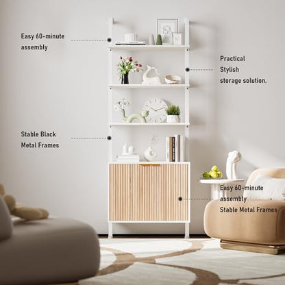 INNOD 74" Tall Bookshelf with Storage Cabinet, Modern Ladder Shelf with Wood and Metal Frame, Wall Mount Bookcase Open Display Shelf Furniture for Living Room, Bedroom, Home Office, White and Oak - color: White & Oak