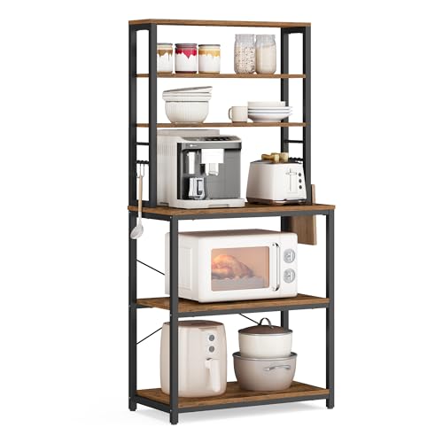 VASAGLE Coffee Bar, 23.6 Inches Baker's Rack for Kitchen with Storage, 6-Tier Kitchen Shelves with 6 Hooks, Microwave Stand, Industrial, Rustic Brown and Ink Black UKKS024B01 - color: Rustic Brown + Ink Black, size: 23.6"W, style: No Power Outlet