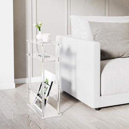 HMYHUM Acrylic Narrow End Table for Small Spaces with Magazine Holder, Slim Side Small Nightstand/Bedside Table for Living Room, Bedroom, 3 Tier, 15.7" L x 7" W x 23" H, Clear