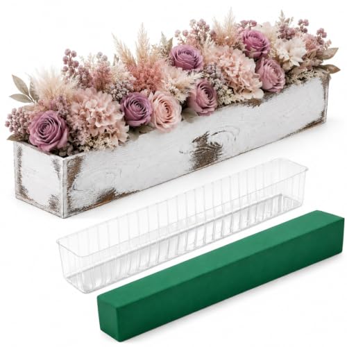 Dandat 1 Set Wood Boxes for Centerpieces 28x5 Inch Rectangle Wooden Planter Box Rustic Wooden Planters with Removable Plastic Liner Floral Foam Blocks for Christmas Wedding Home Garden Decor(White) - color: White, size: 28 x 5 Inch