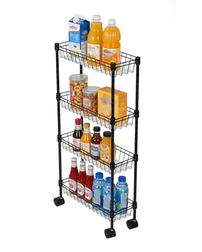 4-Tier Slim Rolling Storage Cart, 5.91" Wide Narrow Metal Utility Cart on Wheels, Multi-Functional Adjustable Shelving Unit with Anti-Fall Pads for Kitchen Gap, Bathroom, Laundry Room, Black - size: 4-tier