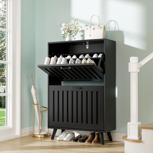 Shoe Storage Cabinet with 2 Flip Drawers, Modern Freestanding Organizer with Adjustable Shelf, Narrow Shoe Rack Cabinet for Entryway, Black - color: Black, size: 2 Flip Drawers