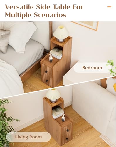 Narrow Side Table with 2 Drawers, Mid Century Modern Slim Night Stand with Storage, Wooden End Table for Small Spaces, Bedroom, Living Room（No Charging Station）