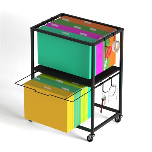 Sunexinlo Rolling File Cart for Letter/Legal Size 2-Tier,Hanging File Organizer, Pull-Out Mobile File Cabinet with 360° Wheels & 4 Hooks, Under Desk Filing Cabinets for Home Office, Black