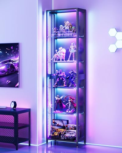 AODK 72" Tall Display Case with LED Lights, Corner Display Cabinet with Open Glass Shelves, 5-Tier Display Shelf with Industrial Mesh Sides, Curio Cabinet Shelf for Collectibles - size: 72 Inch