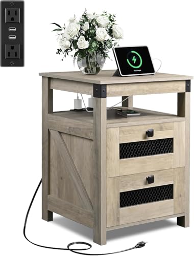 WLIVE Nightstand with Charging Station, Farmhouse End Table, Bed Side Table with 2 Storage Drawers and Open Shelf, Wood Rustic Nightstands for Bedroom, Greige - color: Greige, style: Farmhouse