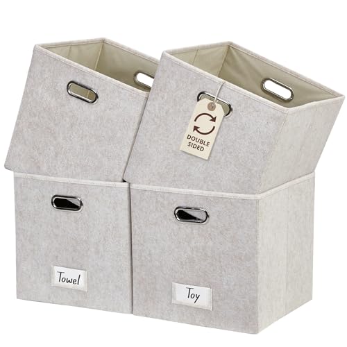 DECOMOMO Felt Storage Bins, 13 inch Cube Storage Bin with Labels | 4 Pack Storage Baskets for Shelves, Kallax (Beige) - color: Beige, size: Cube 13" / 4pcs