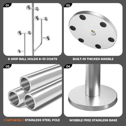 Coat Rack Freestanding Metal Coat Tree with 8 Metal Hooks | Heavy Duty Standing Coat Rack, Stainless Steel Marble Base, Coat Hanger Stand for Bedroom Entryway Hallway, Hat, Bags - color: Silver - Polished Chrome