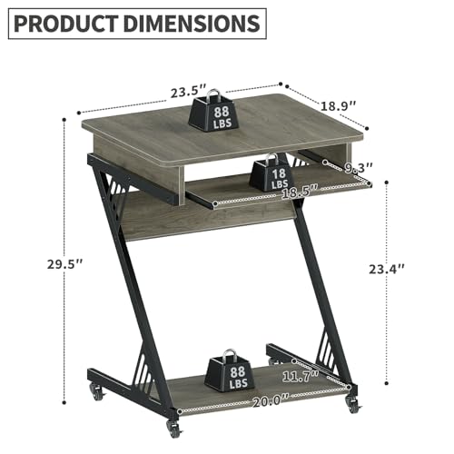 ALISENED 23.6" Z-Shaped Computer Desk for Small Spaces with Keyboard Tray, Wheels and Bottom Shelves, Compact Space-Saving Home Office Workstation, Grey - color: Grey