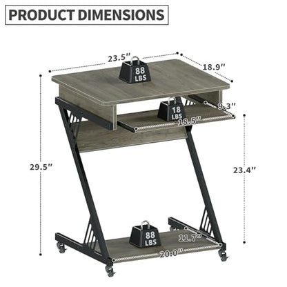 ALISENED 23.6" Z-Shaped Computer Desk for Small Spaces with Keyboard Tray, Wheels and Bottom Shelves, Compact Space-Saving Home Office Workstation, Grey - color: Grey
