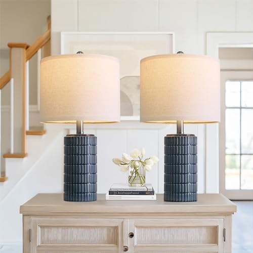 PoKat 20.75" Small Blue Table Lamps, Farmhouse Bedside Lamps for Bedroom Set of 2, Ceramic End Table Lamps for Night Stands Living Room, Modern Nightstand Desk Lamps, Dark Blue - color: 20.75'' Small - Dark Blue