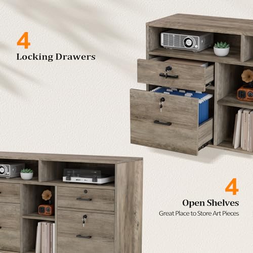 VINGLI Wide 4 Drawer File Cabinet with Lock, Rustic Grey Rolling File Cabinet with Open Shelves, Lockable Printer Stand, Letter Sized - color: Rustic Grey
