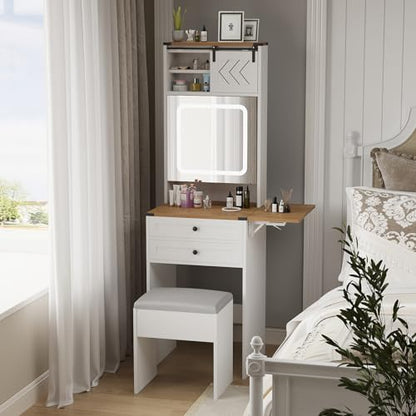 ARTETHYS Farmhouse Small Vanity Desk with Mirror Cabinet & Storage Chair | Mini Makeup Vanities Set with Fold-up Panel, White Dressing Table with 3 Adjustable Lights for Compact Space - color: White and Brown