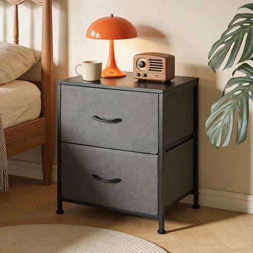 Small Dresser with 2 Drawers Fabric Nightstand for Bedroom Night Stand Bedside Table with Wood Top End Table for Small Space, Apartment, Hallway, Entryway, Metal Frame - color: Grey