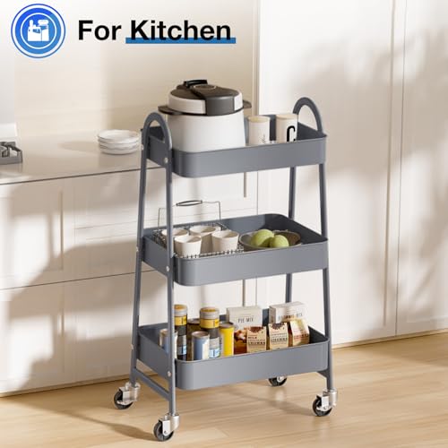 DUMOS 3 Tiers Metal Rolling Utility Cart with Lockable Wheels, Mobile Storage Organizer, Utility Shelving Unit for Kitchen, Office, Bathroom, Laundry, Narrow Places, Gray - color: 3 Tiers Gray