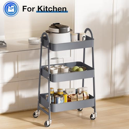 DUMOS 3 Tiers Metal Rolling Utility Cart with Lockable Wheels, Mobile Storage Organizer, Utility Shelving Unit for Kitchen, Office, Bathroom, Laundry, Narrow Places, Gray - color: 3 Tiers Gray