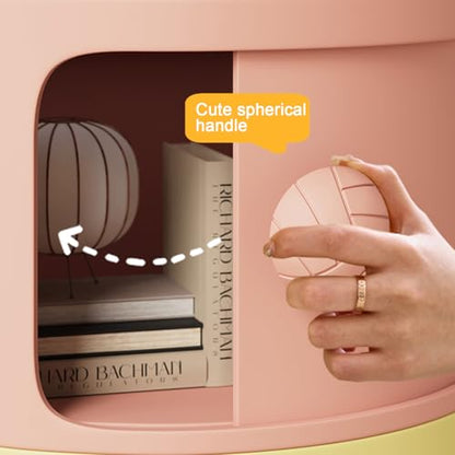 3 Tier Round Nightstand with Drawers, Plastic Pink Nightstand Modern Round Bedside Table with Handles and Sliding Door for Bedroom, Living Room - color: Pink