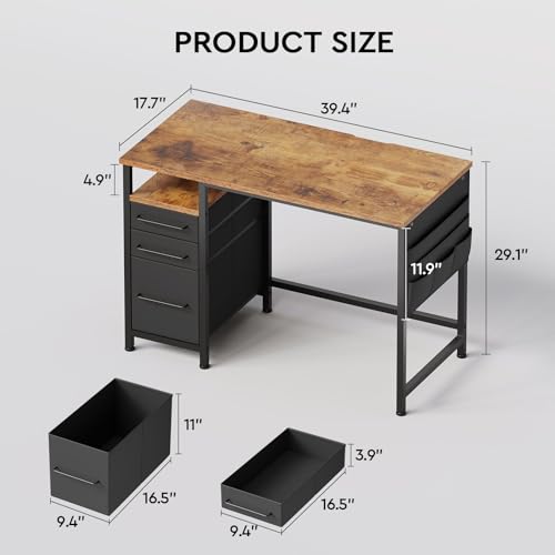 Ｍａｉｈａｉｌ Maihail Small Desk with Drawers, 40 inch Computer Desk with Shelves, Writing Desk with Storage, Small Office Desk with Metal Frame, Rustic Brown - color: Rustic Brown+black, size: 40 inch