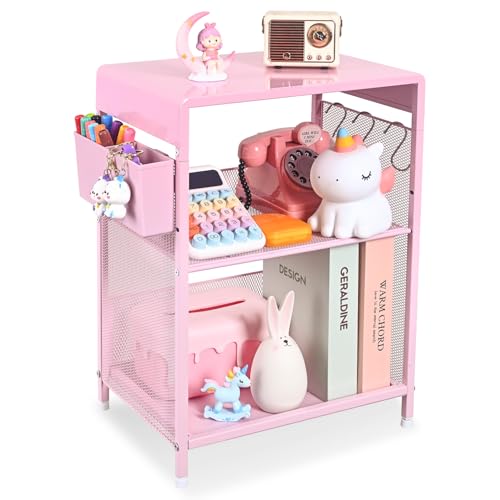Pink Small Nightstand, Kids Nightstand for Bedroom, End Table with Hooks and Holder, Toddler Bedside Table for Girls, Desk Organizer for Office, Dorm (Pink) - color: Pink