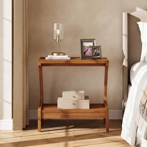 Solid Wood End Table with 2-Tier Storage Shelf, Narrow Side Table for Living Room, Bedroom, Small Spaces, Cherry Wood Paint Finish, Easy Assembly - color: Charred