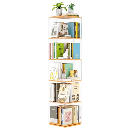 TAKEKIT 5-Tier Rotating Bookshelf, 360° Spinning Book Shelf Tower with Solid Wood & Clear Acrylic, Square Revolving Bookcase for Kids Room, Living Room, Bedroom and Office - color: Natural Square, size: 5-Tier