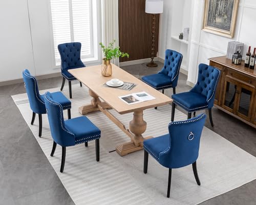 KCC Velvet Dining Chairs Set of 4, Upholstered High-end Tufted Dining Room Chair with Nailhead Back Ring Pull Trim Solid Wood Legs, Nikki Collection Modern Style for Kitchen, Blue - color: Blue, size: Set of 4