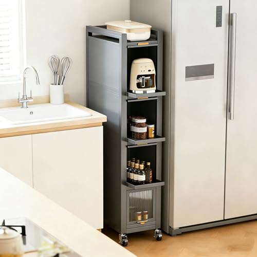 Rolling Spice Rack Next to Fridge Slim, Freestanding Narrow Tall Sideboard Shelf, with Transparent Flap Door Design, Pull Out Cabinet Organizer for Small Space Kitchen Space Saving (Grey, 5T-16cm) - size: 5T-16cm