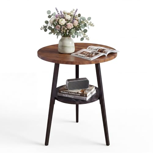 Small Round Side Table, End Tables Living Room, Walnut | 2-Tier Side Table with Storage Shelf for Small Spaces, Bedside Accent Table for Living Room, Bedroom, Metal Frame & Wood Top - color: Walnut