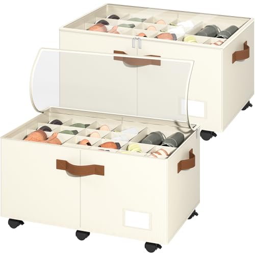 Shoe Organizer for Closet, 2 Pack Shoe Storage Organizer with Wheels and Adjustable Dividers, Stackable Shoe Storage Box with Clear Cover, Foldable Closet Shoe Organizer Fits up to 24-48 Pairs, Beige - color: Beige, size: 25 ½"L x 17"W x 12 ½"H-2 Pack