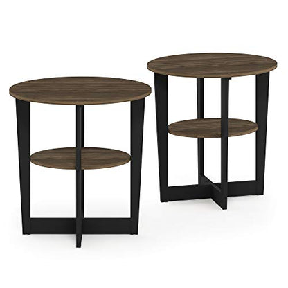 Furinno JAYA Side Table Set of 2, 2-Tier Round Modern End Table with Oval Tabletop, Night Stand, Bedside Table with Open Shelf, for Living Room, Bedroom, Columbia Walnut - color: Columbia Walnut/Black, size: 2-Pack, 2 Tiers, Oval Panel