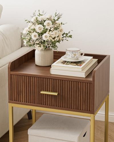 Nightstand, 3-Tier Bed Side Table, Small End Table, Night Stand with Open Shelf and Drawer, Bedside Table for Bedroom, Living Room, Walnut - color: Walnut, style: Without Charging Station
