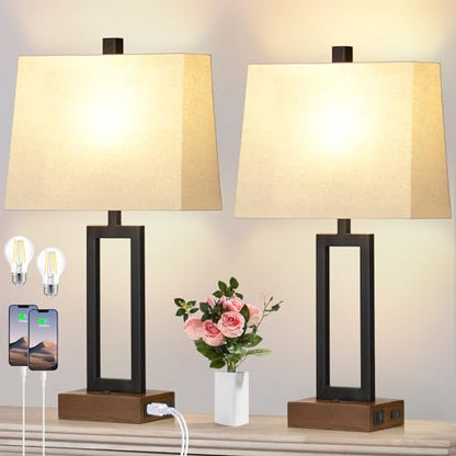 Rinweey 23.5" Table Lamps Set of 2, Modern Black Bedside Lamps with 2 USB Ports & AC Outlet, Contemporary Nightstand Lamps with Wood Base for Bedroom Living Room(LED Bulb Included) - color: Black
