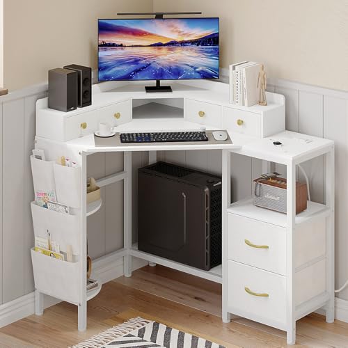 VENNQD Corner Desk with 6 Drawers Shelves for Small Space Computer Desk with Power Outlets,Gaming Desk with Printer Monitor Stand Storage for Home Office Workstation Writing Table (White, 31.5) - color: White